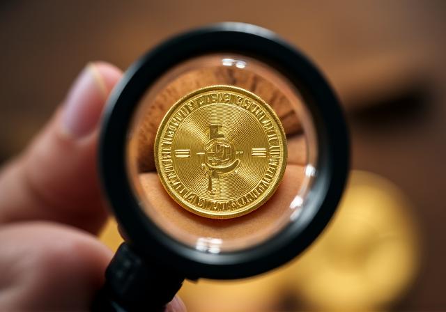 Un collezionista che osserva una moneta d'oro con una lente d'ingrandimento